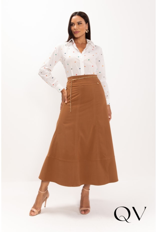 SAIA MIDI EM TRICOLINE CARAMELO - LEKAZIS