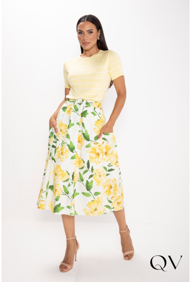 SAIA MIDI EM TRICOLINE COM ESTAMPA FLORAL - LEKAZIS