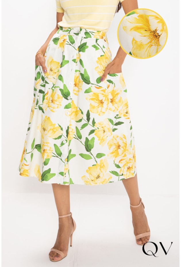 SAIA MIDI EM TRICOLINE COM ESTAMPA FLORAL - LEKAZIS SAIA MIDI EM TRICOLINE COM ESTAMPA FLORAL - LEKAZIS