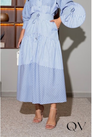 SAIA MIDI EM TRICOLINE FIO TINTO LISTRADA - LUZIA FAZZOLLI