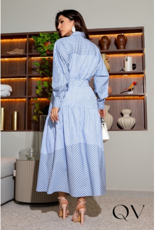 SAIA MIDI EM TRICOLINE FIO TINTO LISTRADA - LUZIA FAZZOLLI