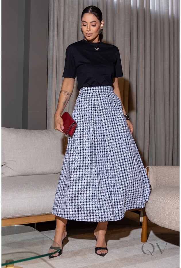 SAIA MIDI EM TRICOLINE VICHY BORDADO XADREZ - LUZIA FAZZOLLI