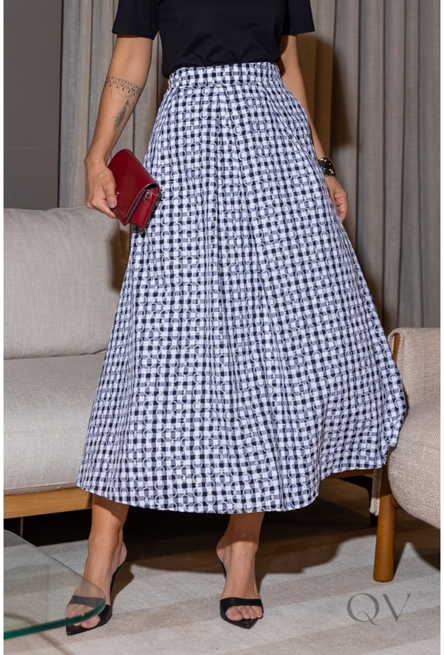 SAIA MIDI EM TRICOLINE VICHY BORDADO XADREZ - LUZIA FAZZOLLI
