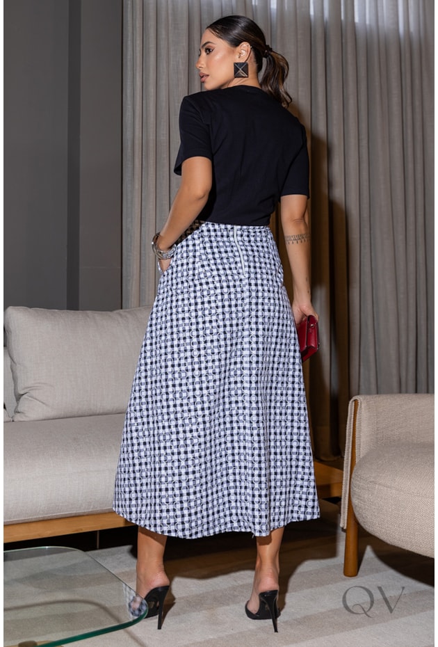 SAIA MIDI EM TRICOLINE VICHY BORDADO XADREZ - LUZIA FAZZOLLI