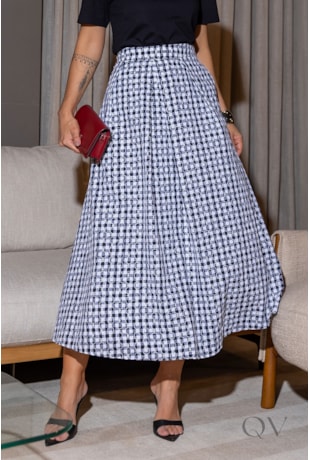 SAIA MIDI EM TRICOLINE VICHY BORDADO XADREZ - LUZIA FAZZOLLI