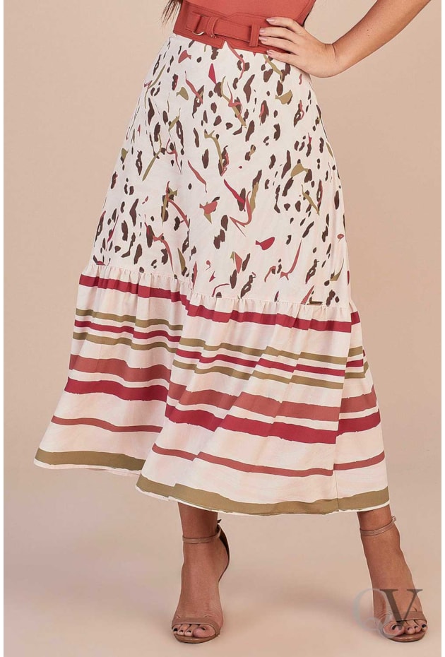 SAIA MIDI ESTAMPADA BARRADO LISTRADO E CINTO - TITANIUM JEANS SAIA MIDI ESTAMPADA BARRADO LISTRADO E CINTO - TITANIUM JEANS