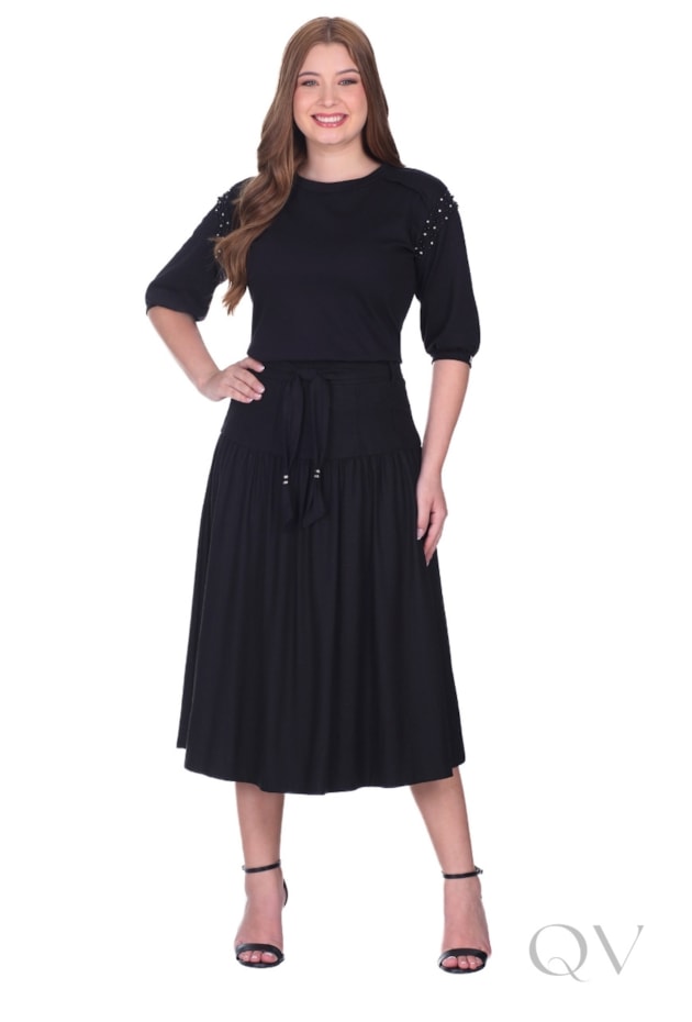 SAIA MIDI GODÊ COM FAIXA EM LINHO PRETO - HAPUK SAIA MIDI GODÊ COM FAIXA EM LINHO PRETO - HAPUK