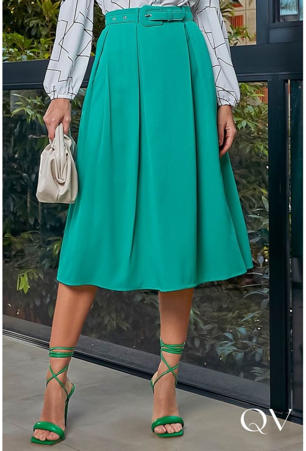 SAIA MIDI GODÊ COM PREGAS E CINTO VERDE - JANY PIM SAIA MIDI GODÊ COM PREGAS E CINTO VERDE - JANY PIM