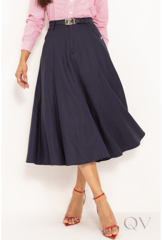 Saia Midi Godê Em Linho Azul Marinho Lekazis QVestido Moda