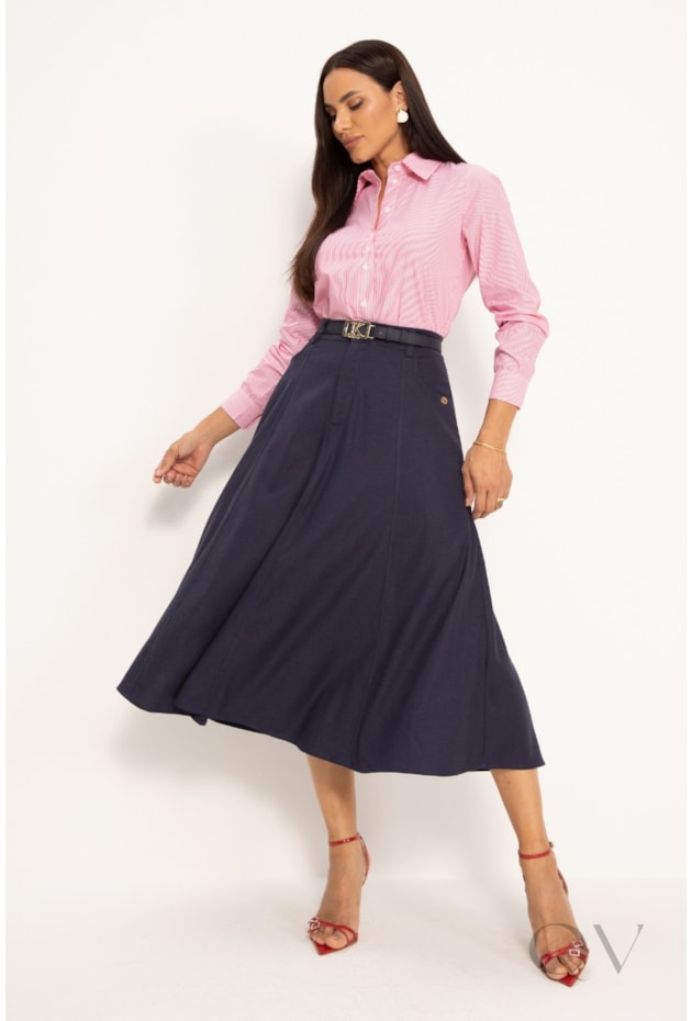 SAIA MIDI GODÊ EM LINHO AZUL MARINHO - LEKAZIS