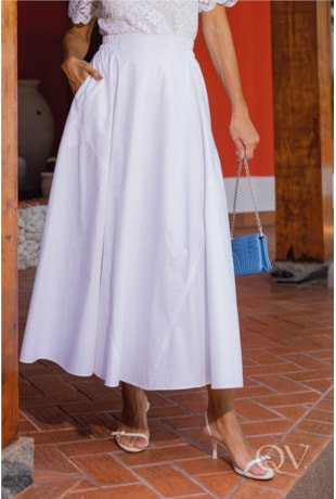 SAIA MIDI GODÊ EM TRICOLINE BRANCO - LUZIA FAZZOLLI