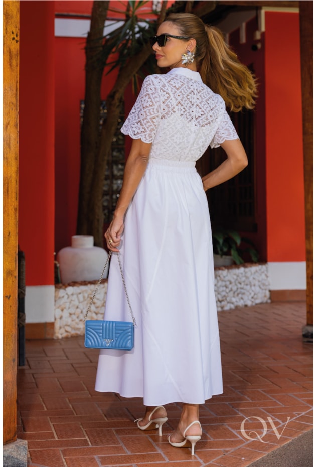 SAIA MIDI GODÊ EM TRICOLINE BRANCO - LUZIA FAZZOLLI