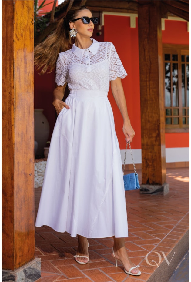 SAIA MIDI GODÊ EM TRICOLINE BRANCO - LUZIA FAZZOLLI