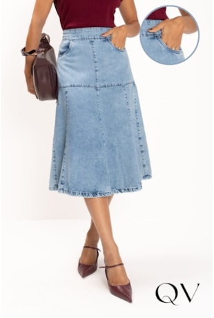 SAIA MIDI JEANS EM RECORTES AZUL - LEKAZIS