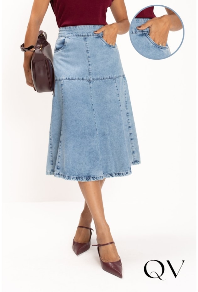 SAIA MIDI JEANS EM RECORTES AZUL - LEKAZIS