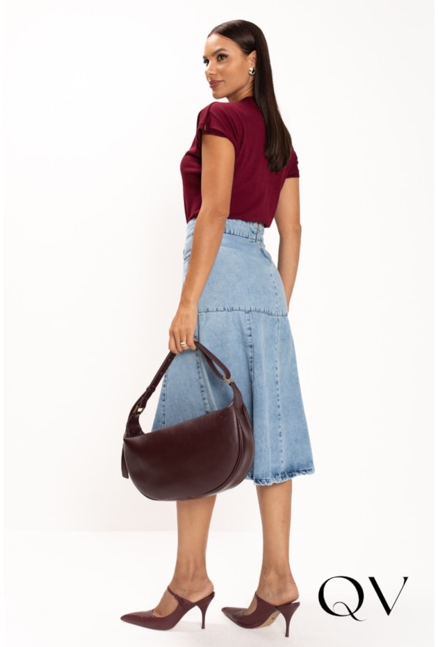 SAIA MIDI JEANS EM RECORTES AZUL - LEKAZIS