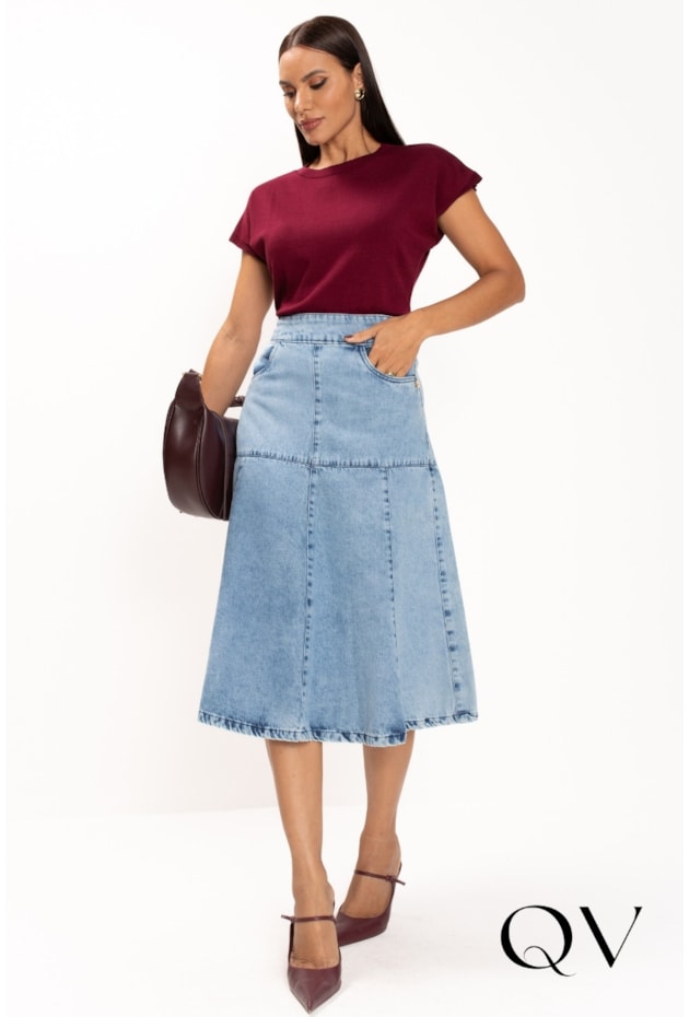 SAIA MIDI JEANS EM RECORTES AZUL - LEKAZIS