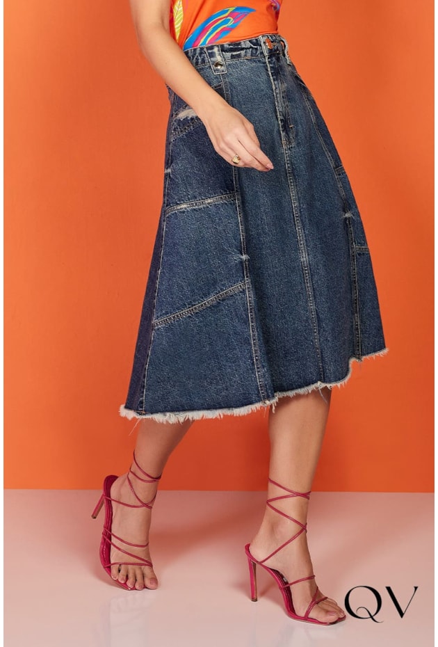 SAIA MIDI JEANS RECORTES LATERAIS - TITANIUM JEANS SAIA MIDI JEANS RECORTES LATERAIS - TITANIUM JEANS