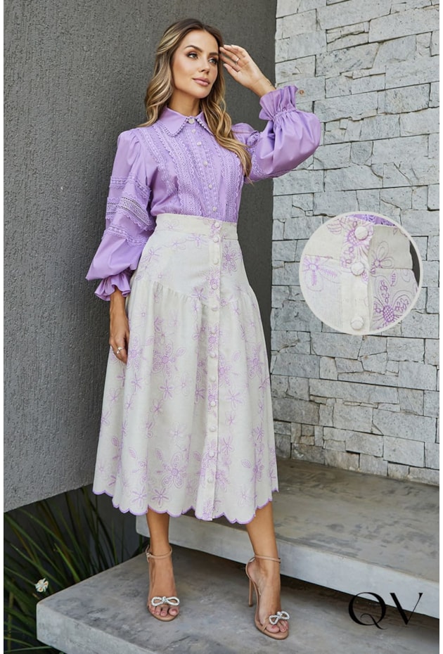 SAIA MIDI LINHO BORDADO LILÁS - DOCE MARIA SAIA MIDI LINHO BORDADO LILÁS - DOCE MARIA
