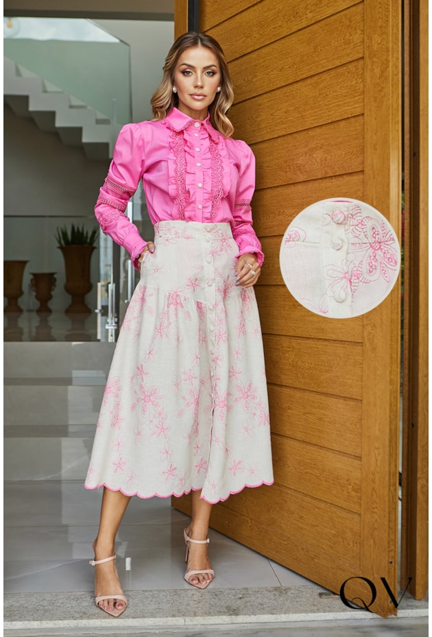 SAIA MIDI LINHO BORDADO PINK - DOCE MARIA