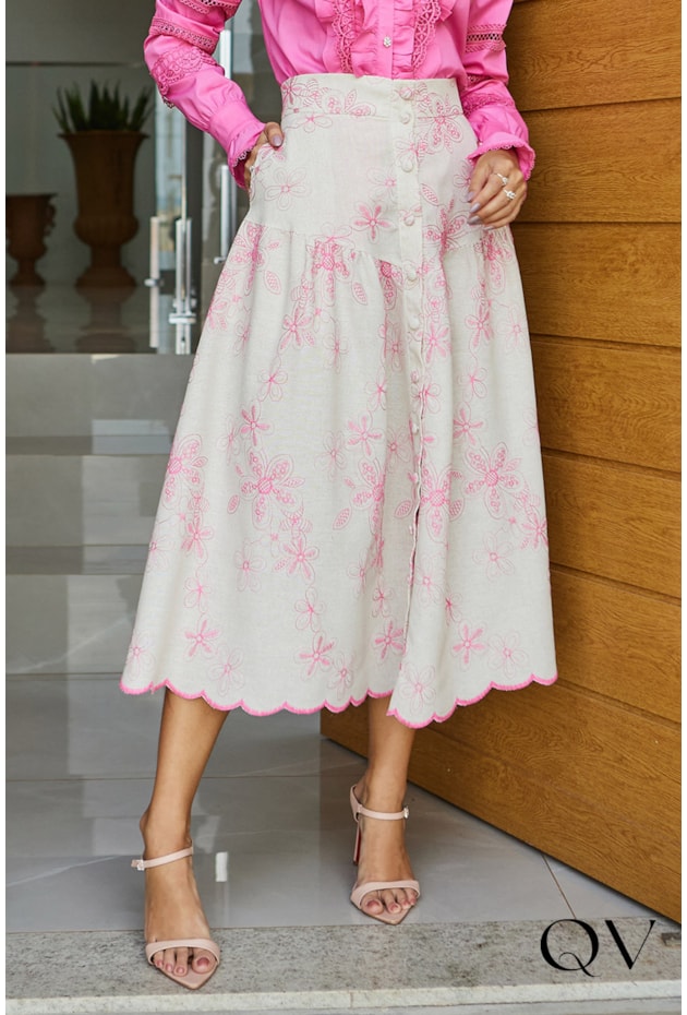 SAIA MIDI LINHO BORDADO PINK - DOCE MARIA SAIA MIDI LINHO BORDADO PINK - DOCE MARIA