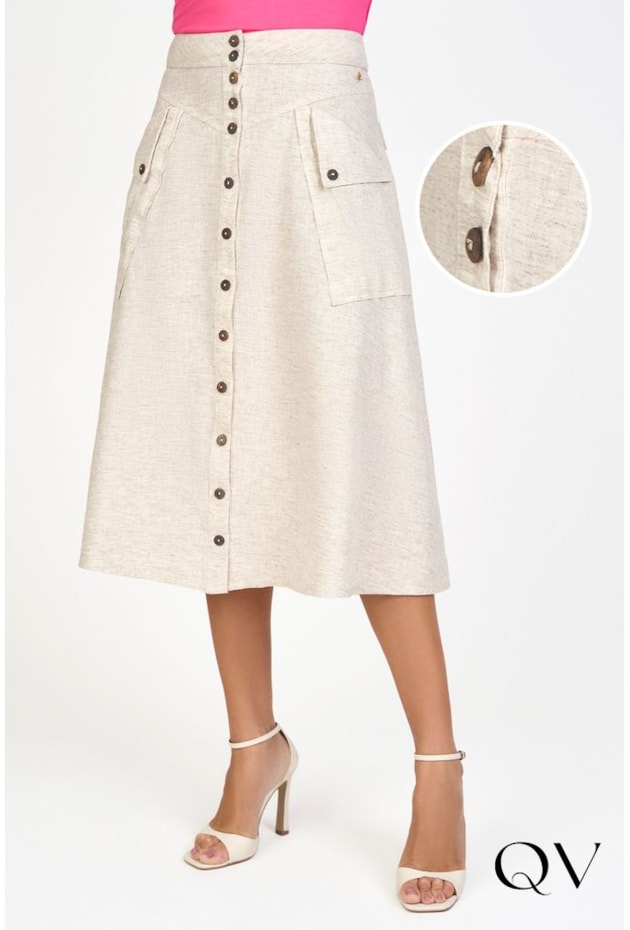 SAIA MIDI LINHO COM BOTÕES BEGE - VIA TOLENTINO SAIA MIDI LINHO COM BOTÕES BEGE - VIA TOLENTINO