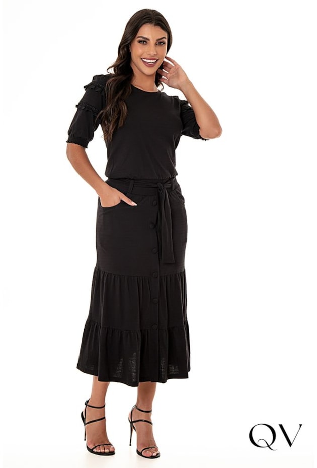 SAIA MIDI MARIAS TEXTURIZADA PRETO - HAPUK SAIA MIDI MARIAS TEXTURIZADA PRETO - HAPUK