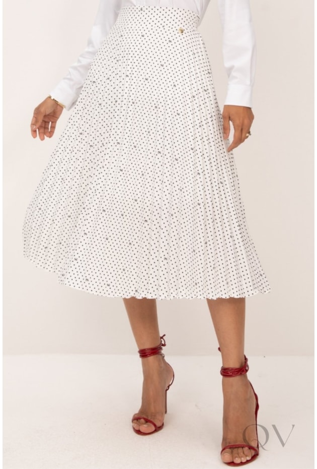 SAIA MIDI PLISSADA EM OFF ESTAMPA LK COM POÁS PRETO - LEKAZIS