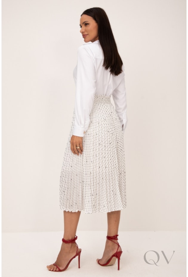 SAIA MIDI PLISSADA EM OFF ESTAMPA LK COM POÁS PRETO - LEKAZIS