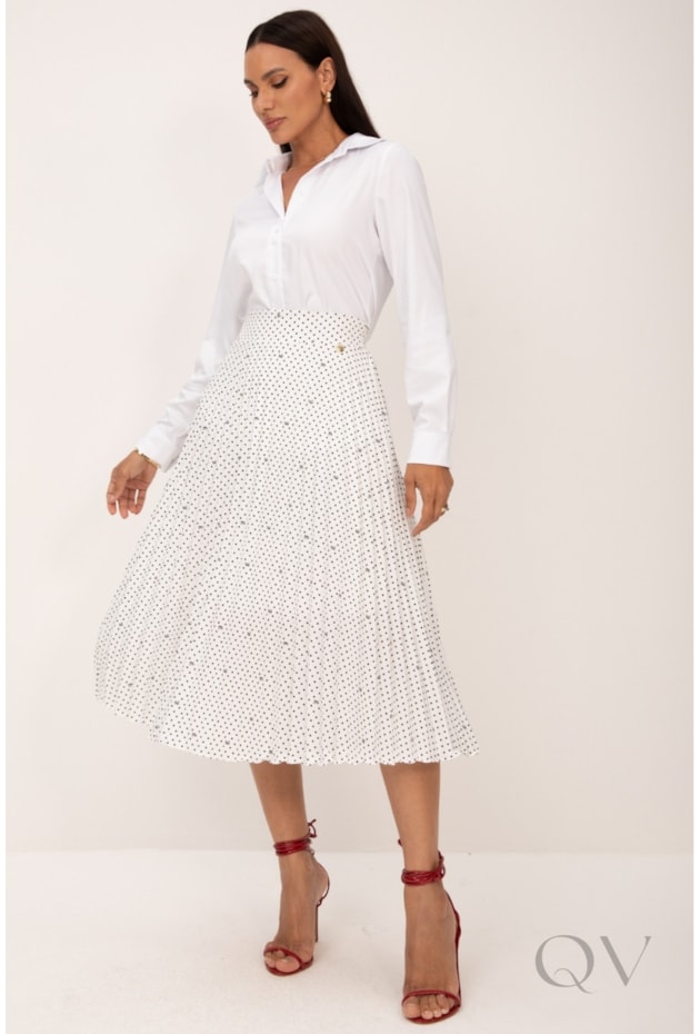 SAIA MIDI PLISSADA EM OFF ESTAMPA LK COM POÁS PRETO - LEKAZIS