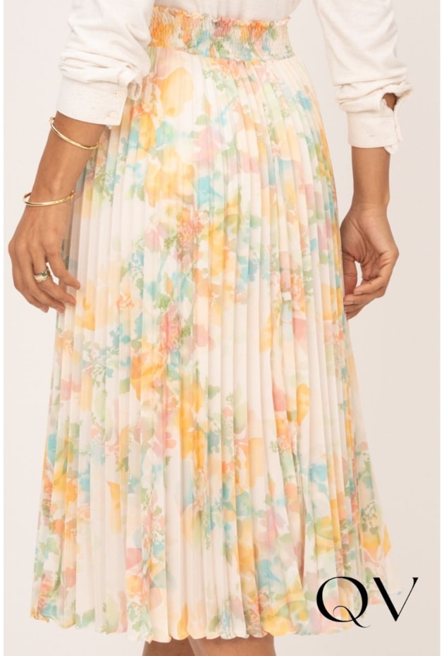 SAIA MIDI PLISSADA EM SUPER SOFT COM TOQUE DE SEDA ESTAMPA AQUARELA - LEKAZIS