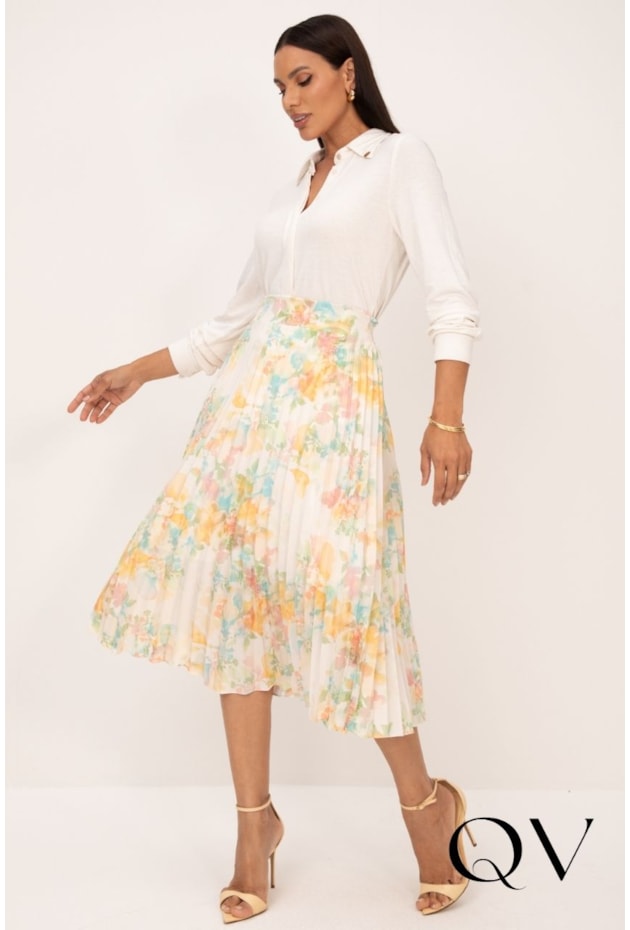 SAIA MIDI PLISSADA EM SUPER SOFT COM TOQUE DE SEDA ESTAMPA AQUARELA - LEKAZIS