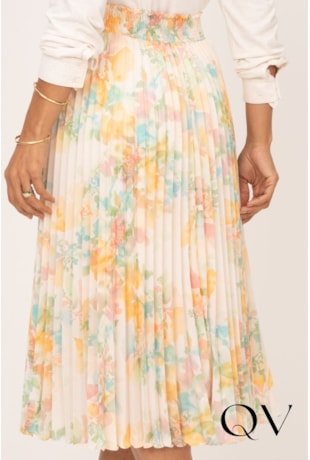 SAIA MIDI PLISSADA EM SUPER SOFT COM TOQUE DE SEDA ESTAMPA AQUARELA - LEKAZIS
