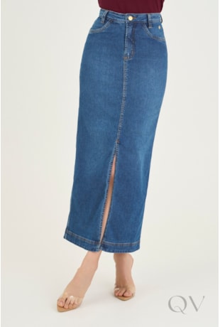 SAIA MIDI RETA COM BOLSOS EM JEANS - VIA TOLENTINO
