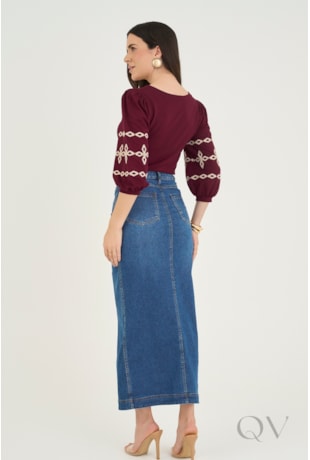 SAIA MIDI RETA COM BOLSOS EM JEANS - VIA TOLENTINO