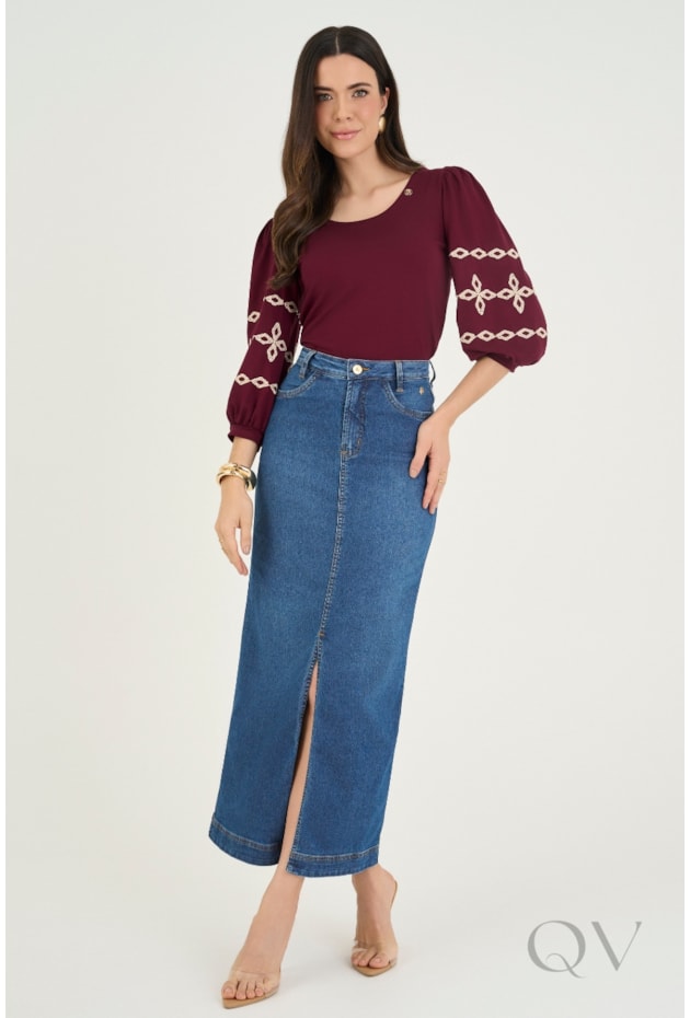 SAIA MIDI RETA COM BOLSOS EM JEANS - VIA TOLENTINO