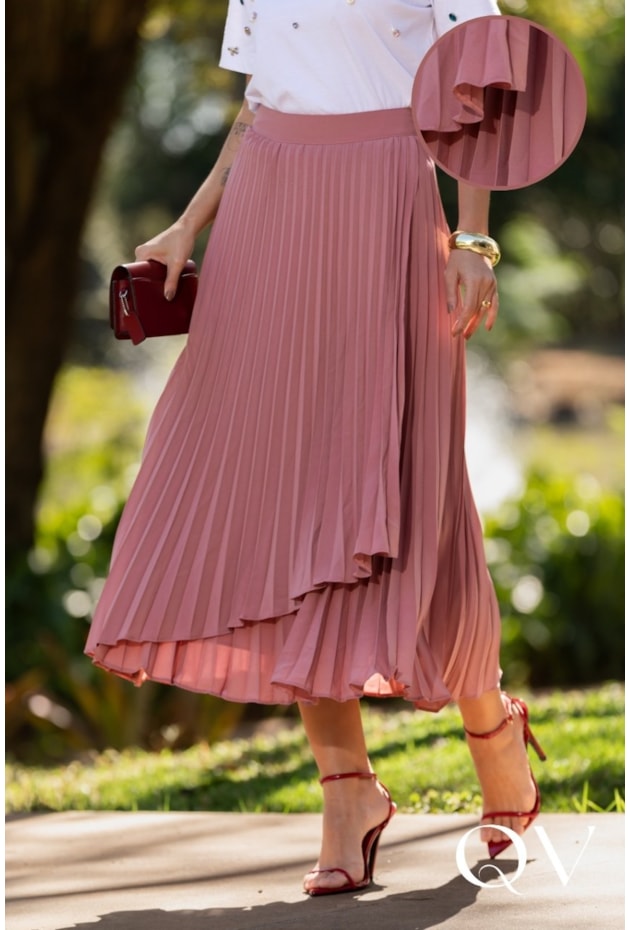 SAIA MIDI TRANSPASSADA EM CHIFFON PLISSADO ROSE - LUZIA FAZZOLLI