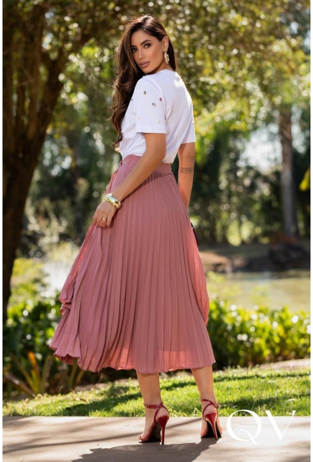 SAIA MIDI TRANSPASSADA EM CHIFFON PLISSADO ROSE - LUZIA FAZZOLLI