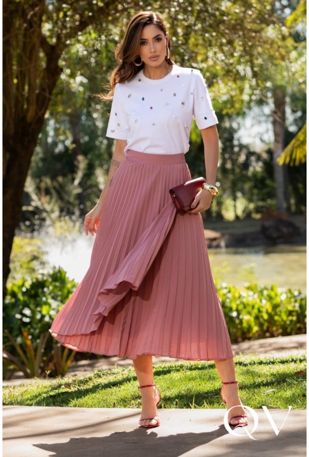 SAIA MIDI TRANSPASSADA EM CHIFFON PLISSADO ROSE - LUZIA FAZZOLLI