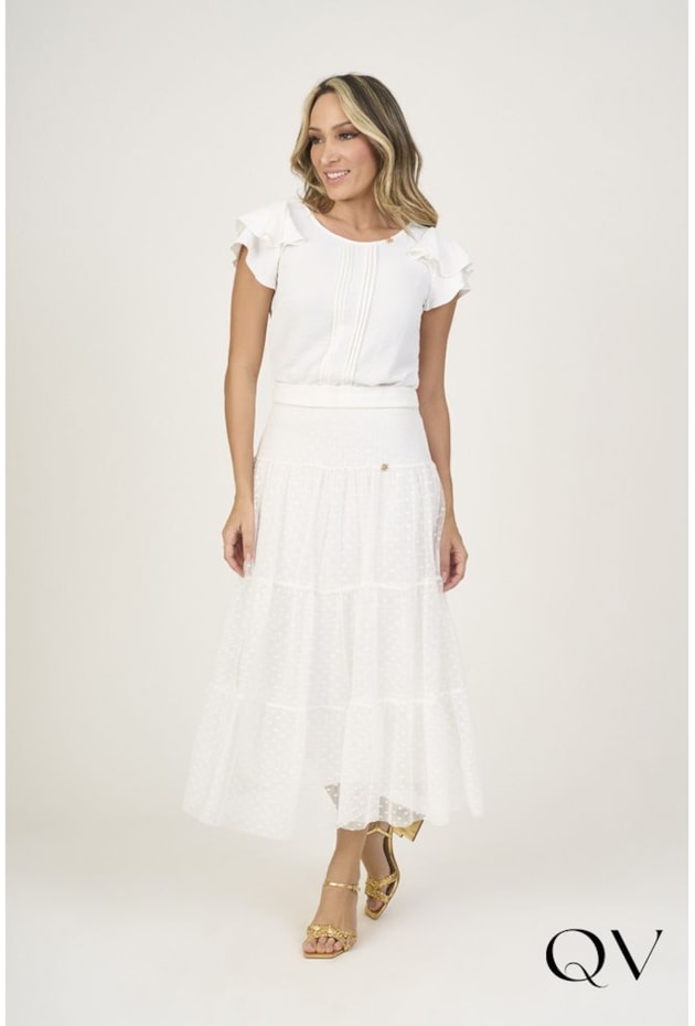 SAIA MIDI TULE COM POÁ OFF WHITE - VIA TOLENTINO SAIA MIDI TULE COM POÁ OFF WHITE - VIA TOLENTINO