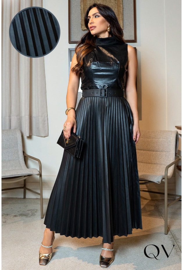 Saia Plissada Saia Gode Preta Com Cinto Saia Plissada Saia Gode