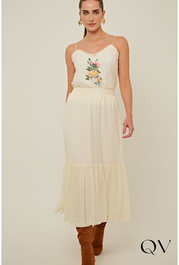 SAIA RETA EM TULE BORDADO OFF WHITE - LINDA DE MORRER