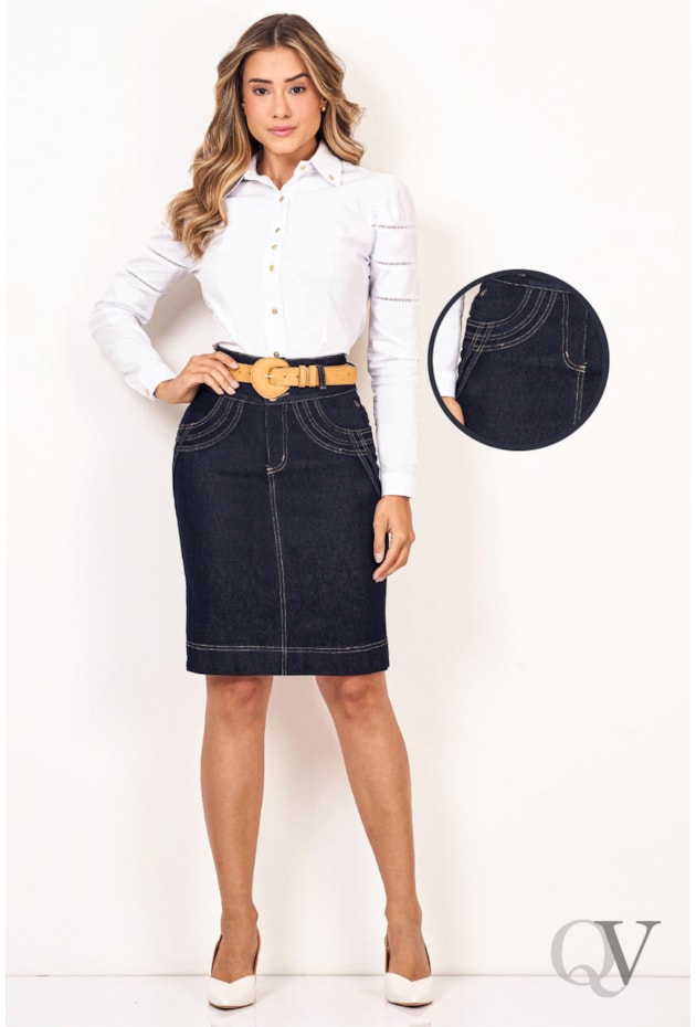 SAIA RETA JEANS BLACK CINTO DE COURO - VIA TOLENTINO SAIA RETA JEANS BLACK CINTO DE COURO - VIA TOLENTINO