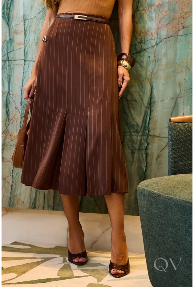 SAIA RISCA DE GIZ EM ALFAIATARIA MARROM - LUZIA FAZZOLLI