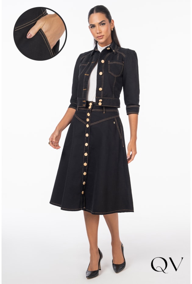 SAIA SARJA BOTÕES AMADEIRADOS PRETO - VIA TOLENTINO SAIA SARJA BOTÕES AMADEIRADOS PRETO - VIA TOLENTINO