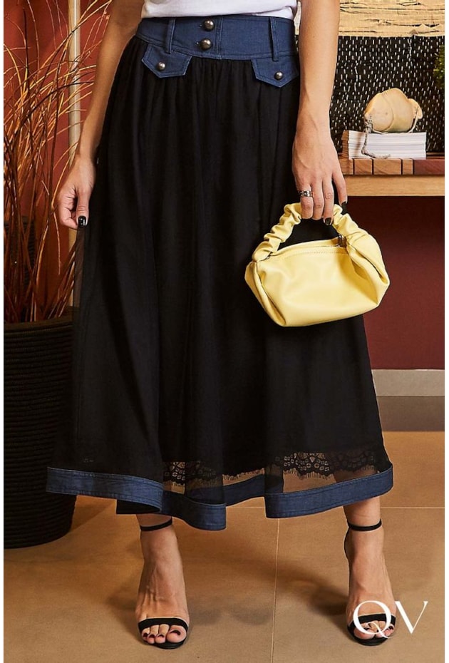 SAIA TULE PRETO RECORTES JEANS - LUZIA FAZZOLLI SAIA TULE PRETO RECORTES JEANS - LUZIA FAZZOLLI