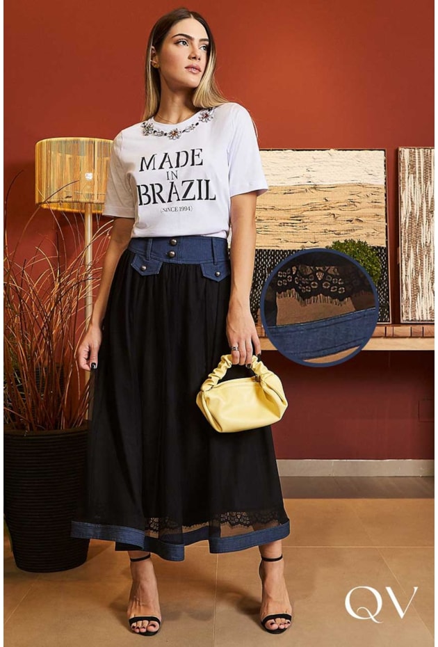 SAIA TULE PRETO RECORTES JEANS - LUZIA FAZZOLLI