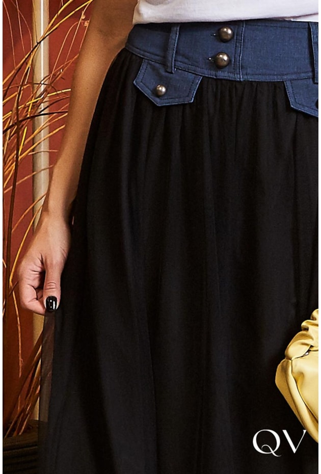 SAIA TULE PRETO RECORTES JEANS - LUZIA FAZZOLLI SAIA TULE PRETO RECORTES JEANS - LUZIA FAZZOLLI