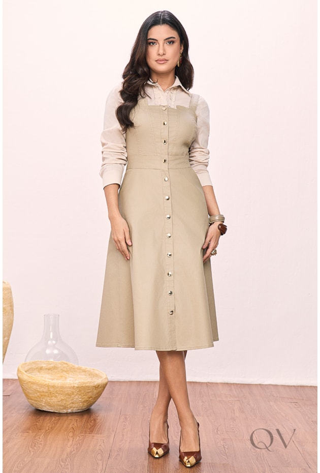 SALOPETE GODÊ COM BOTÕES EM RESINADA BEGE - TITANIUM JEANS