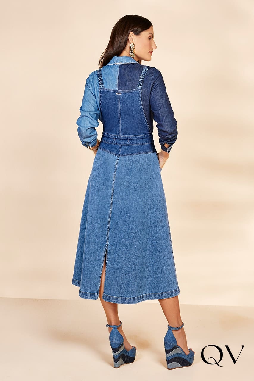 Salopete Jeans Block Color Titanium Jeans Moda Evangélica Feminina